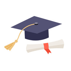 Graduation cap and diploma in flat illustration