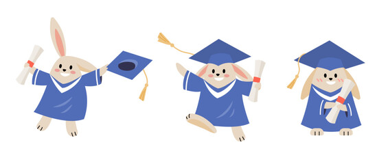 Set of graduated bunny in flat illustration