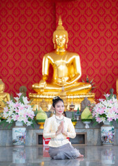 Thai woman in traditional thai costume, identity culture of Thailand background
