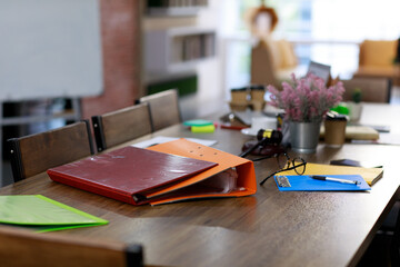 Old wooden table workstation desk in vintage style cafe with nobody full of lawyer office...
