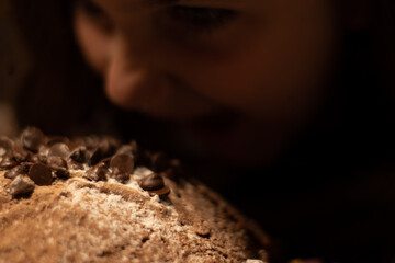 chocolate sponge cake with cocoa nuggets sugar powder, chocolate powder with the blur of a child's...