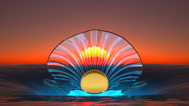 glass shell with a golden pearl on the surface of sea at sunset