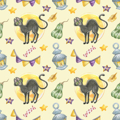 Watercolor seamless halloween pattern with black cat,moon,lantern,sweet candy,pumpkin,yellow stars and oak leaves isolated on yellow.Perfect for children textile,fabrics.