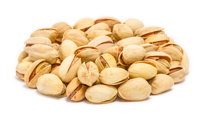 Handful of pistachio nuts (Pistacia vera) in the shell, close up, isolated on white background