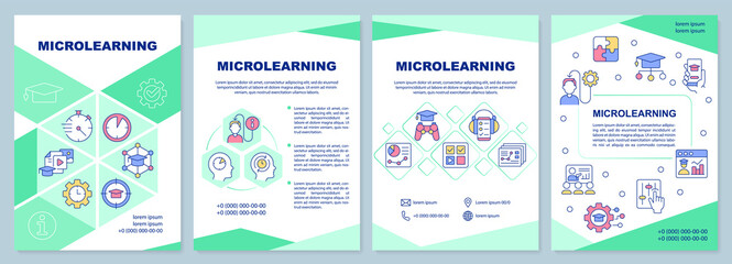 Fototapeta na wymiar Microlearning approach green brochure template. E learning. Leaflet design with linear icons. Editable 4 vector layouts for presentation, annual reports. Arial-Black, Myriad Pro-Regular fonts used