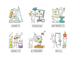 School subjects icons with hand drawn people