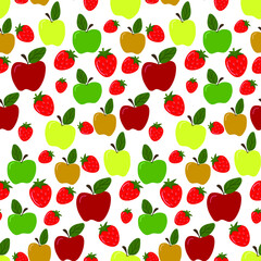 Fototapeta na wymiar Seamless background with strawberries and apples, hand-drawn. Children's illustration, vector illustration.