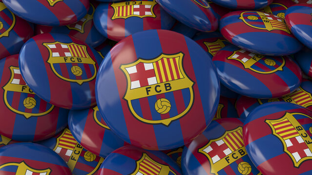 3d rendering of a lot of badges with te Logo of Barcelona Football Club - Spanish Soccer Team