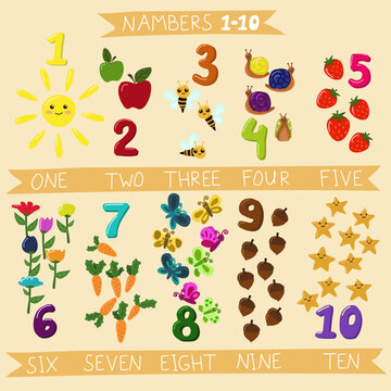 Cartoon illustration Set of cards with numbers and fruits, vegetables, insects, etc. From one to ten with the sun, apples, bees, snails, strawberries, flowers, carrots, butterflies, nuts, stars