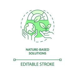Nature based solutions green concept icon. Dealing with pollutions. Global net zero abstract idea thin line illustration. Isolated outline drawing. Editable stroke. Arial, Myriad Pro-Bold fonts used