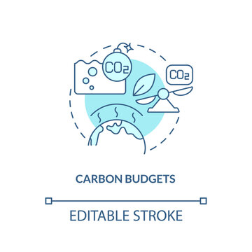 Carbon Budgets Turquoise Concept Icon. CO2 Equivalent Measure. Global Net Zero Goal Abstract Idea Thin Line Illustration. Isolated Outline Drawing. Editable Stroke. Arial, Myriad Pro-Bold Fonts Used