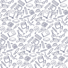 Hand Drawn School Doodle Illustration Set Seamless pattern with school supplies, notebook, laundry, paints, textbooks, glasses, ball, ruler, scissors, etc vector