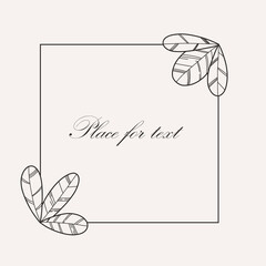 Botanical square frame. Hand drawn round line border, leaves wedding invitation and cards, logo design and posters template. Elegant minimal style floral, vector isolated illustration