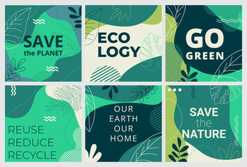 Set of Earth Day posters with green backgrounds, liquid shapes, leaves and elements. Layouts for prints, flyers, covers, banners design. Eco concepts. - 518278560