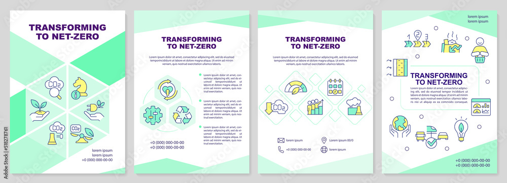 Poster transforming to net zero green brochure template. technology. leaflet design with linear icons. edit