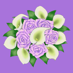 Bouquet of roses and callas, hand drawn, isolated on purple background. Stock vector illustration