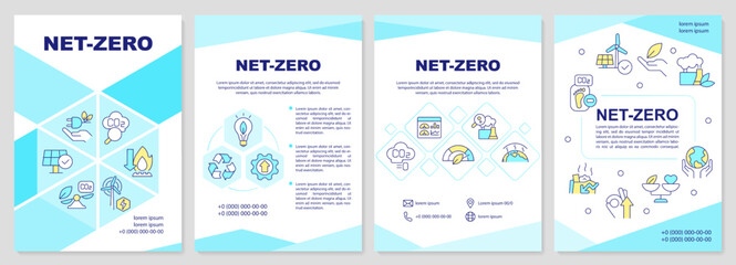 Fototapeta na wymiar Net zero blue brochure template. Carbon removal technology. Leaflet design with linear icons. Editable 4 vector layouts for presentation, annual reports. Arial-Black, Myriad Pro-Regular fonts used