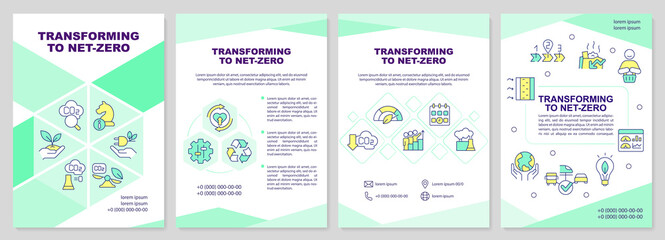 Transforming to net zero green brochure template. Technology. Leaflet design with linear icons. Editable 4 vector layouts for presentation, annual reports. Arial-Black, Myriad Pro-Regular fonts used