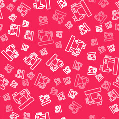 White line Sewing machine icon isolated seamless pattern on red background. Vector