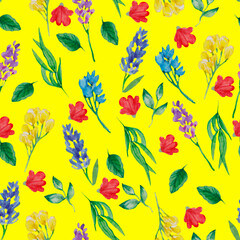 Watercolor hand drawn simple flowers, flourish pattern, different wildflowers, bright yellow background, salad color, botanical backdrop, multicolor flowers