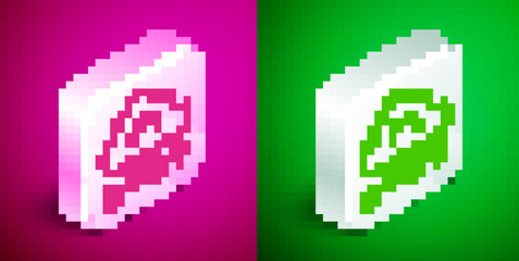 Fototapeta premium Isometric line Cloud with snow icon isolated on pink and green background. Cloud with snowflakes. Single weather icon. Snowing sign. Silver square button. Vector
