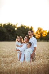 Beautiful young family at sunset in a wheat field. Happy parents with two children, a boy and a...