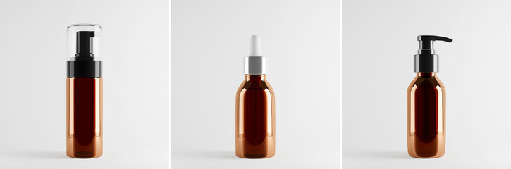 Collage of three Cosmetic Amber Glass Bottles Foam, Dispenser and Dropper mockup on a light background.