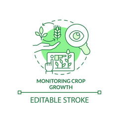 Monitoring crop growth green concept icon. Observe progress. Increased crop yield abstract idea thin line illustration. Isolated outline drawing. Editable stroke. Arial, Myriad Pro-Bold fonts used