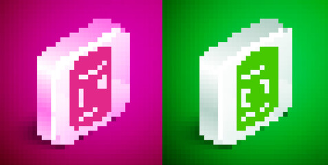 Isometric line Barrel oil icon isolated on pink and green background. Silver square button. Vector
