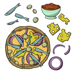 Pizza with fish, A set of icons for creating pizza with anchovies, vector illustration in cartoon style