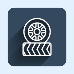 White line Car tire wheel icon isolated with long shadow background. Blue square button. Vector