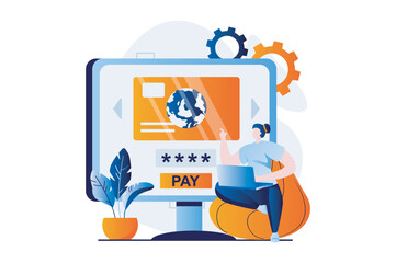E-payment process concept with people scene in flat cartoon design. Woman pays for services and bills with credit card on website using computer at home. Vector illustration visual story for web
