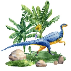 Foto op Canvas Watercolor dinosaur isolated on white background. Dinosaur on landscape with nature palm trees  © Hanna