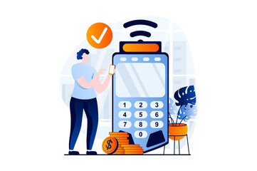 E-payment process concept with people scene in flat cartoon design. Woman pays for purchases contactlessly using smartphone and account in online banking. Vector illustration visual story for web