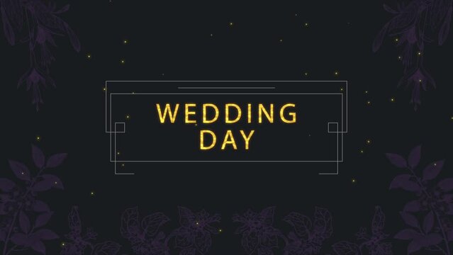 Wedding Day with luxury frame and retro purple flowers, motion holidays, romantic and wedding style background