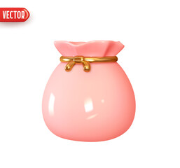 Gift bag closed. Pink sack with gold thread. Christmas and New Year's bag with surprise. Realistic 3d design element In plastic cartoon style. Icon isolated on white background. Vector illustration