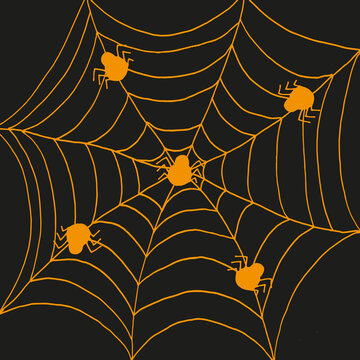 Background with big spiderweb with spider drawn orange marker on black paper. Halloween concept with neon web.