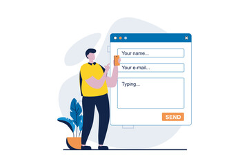 Feedback page concept with people scene in flat cartoon design. Man fills out online contact form and write his comment with experience. Customer satisfaction. Vector illustration visual story for web