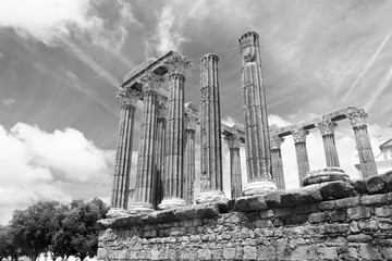 Evora Roman Temple. Black and white photo of Portugal.