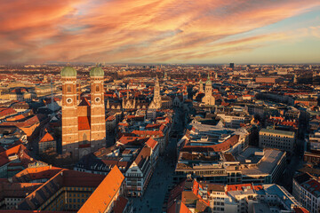 Munich skyline aerial view at sunset