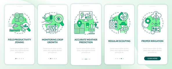 Increased crop yield factors green onboarding mobile app screen. Walkthrough 5 steps editable graphic instructions with linear concepts. UI, UX, GUI template. Myriad Pro-Bold, Regular fonts used