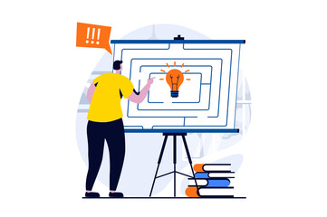 Finding solution concept with people scene in flat cartoon design. Man generates new ideas, prepares business strategy presentation with process improvement. Vector illustration visual story for web