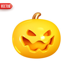 Scary face pumpkin for Halloween. Festive decoration. Holiday decor. Realistic 3d design element In plastic cartoon style. Icon isolated on white background. Vector illustration