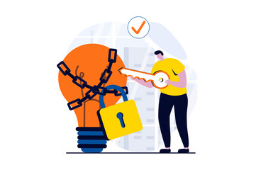 Finding solution concept with people scene in flat cartoon design. Man thinks and chooses keys for padlock on chain at light bulb and generates new ideas. Vector illustration visual story for web