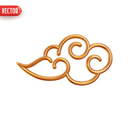 Golden cloud. Traditional vintage chinese asian ornament made of metal. Realistic 3d design element. Icon isolated on white background. Vector illustration