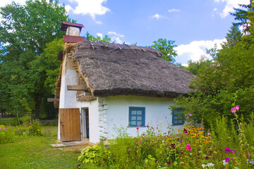 Fototapeta na wymiar Reconstruction of historical building in Open-air Museum of Folk Architecture and Life of the Middle Dnieper in Pereyaslav-Khmelnitsky, Ukraine 