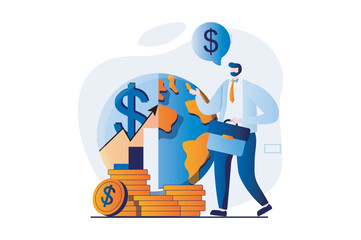 Global economic concept with people scene in flat cartoon design. Businessman analyzes financial statistics and studies world economy for success investments. Vector illustration visual story for web