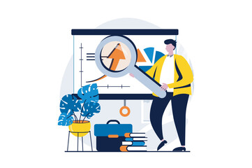 Global economic concept with people scene in flat cartoon design. Man with magnifier analyzes charts and graphs and studies global growth trend for investment. Vector illustration visual story for web