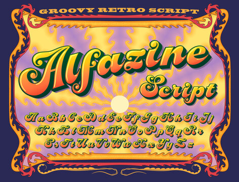 Alfazine Script is a fat retro alphabet with groovy pop art qualities and 3d effects. Also features an ornate sunburst background and stylized border.