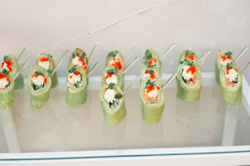 Catering. Off-site food. Buffet table with various canapes and snacks.